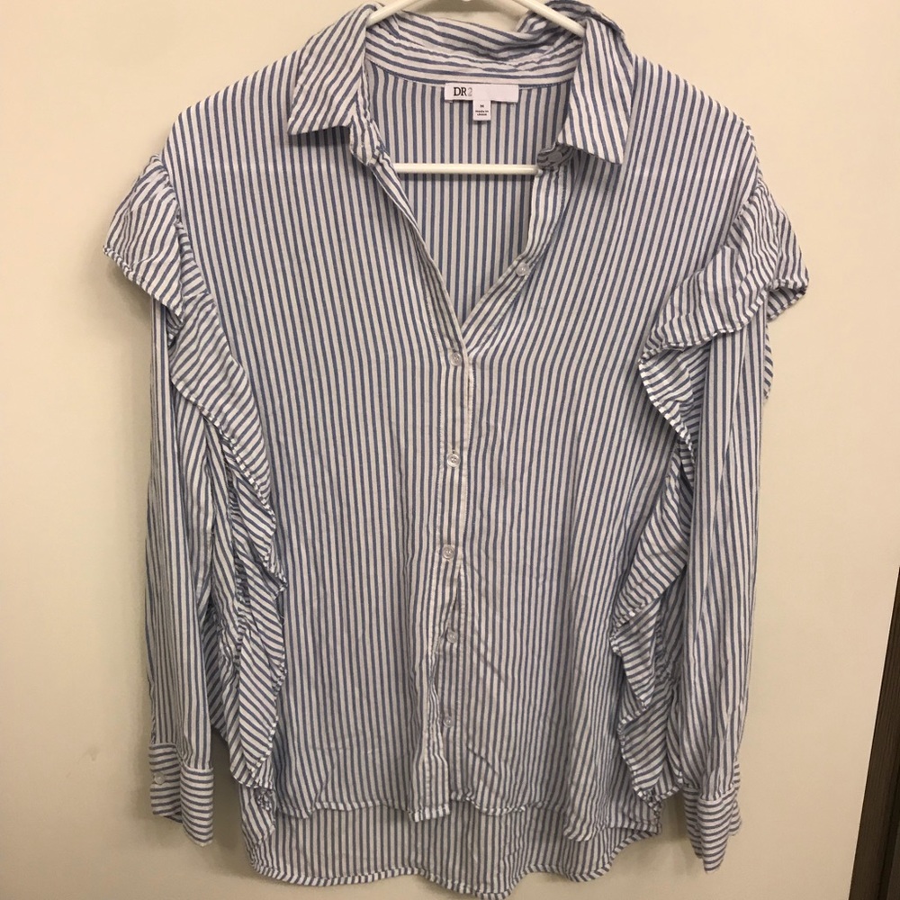 Blue &white stripped button up, with ruffle detail